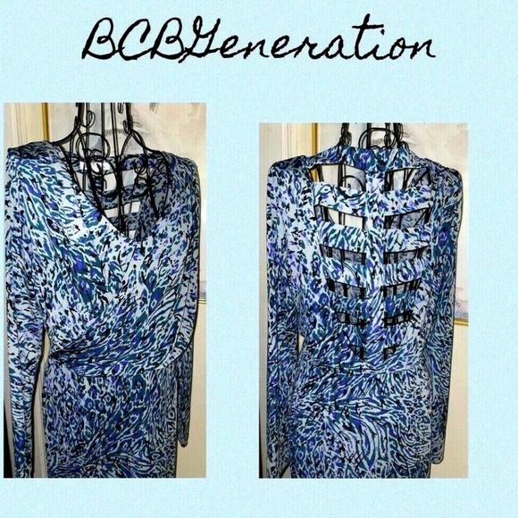 BCBGeneration BLUE ABSTRACT PRINT CAGED BACK DRESS, BLOUSON TOP~MEDIUM - Picture 5 of 5
